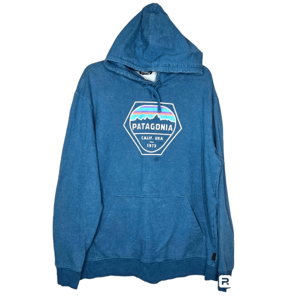 Patagonia Hoody hoodie graphic Cali USA 1973 organic cotton teal blue size large